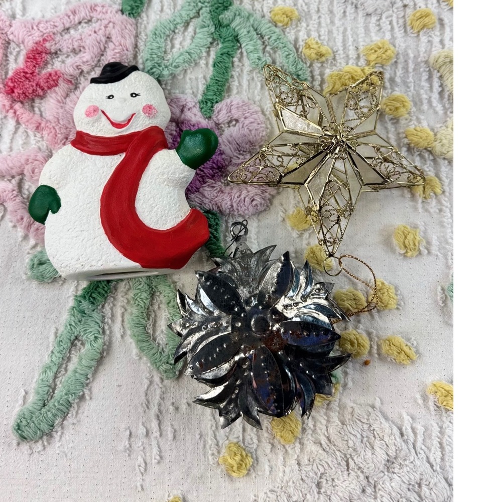 Vintage Christmas Ornament Lot Snowman Ceramic Gold Star Glass Silver Metal 3pc